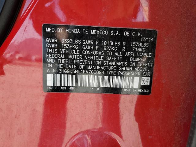 3HGGK5H51FM760094 - 2015 HONDA FIT LX 红色 照片 13