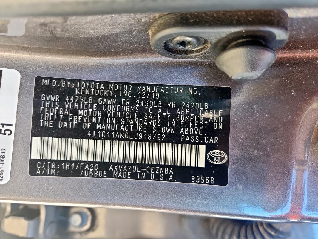 4T1C11AK0LU918792 - 2020 TOYOTA CAMRY LE Сірий фото 12