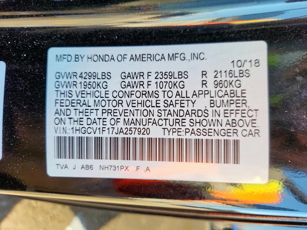 1HGCV1F17JA257920 - 2018 HONDA ACCORD LX Қара фото 13