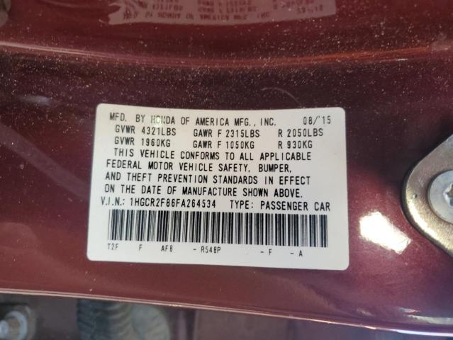 1HGCR2F86FA264534 - 2015 HONDA ACCORD EXL RED photo 12
