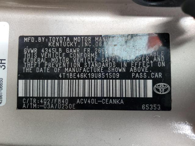 4T1BE46K19U851509 - 2009 TOYOTA CAMRY BASE TAN photo 12