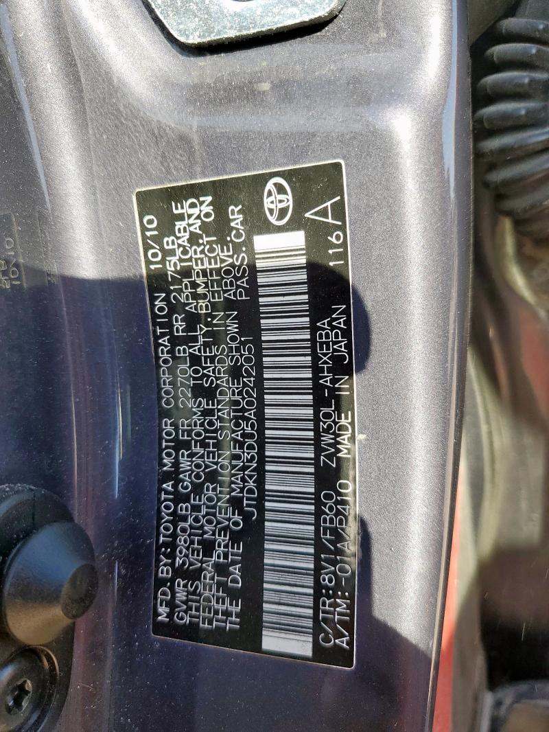 JTDKN3DU5A0242051 - 2010 TOYOTA PRIUS GRAY photo 13