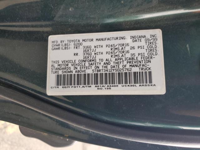 5TBRT3412YS025762 - 2000 TOYOTA TUNDRA ACCESS CAB Grün Foto 12