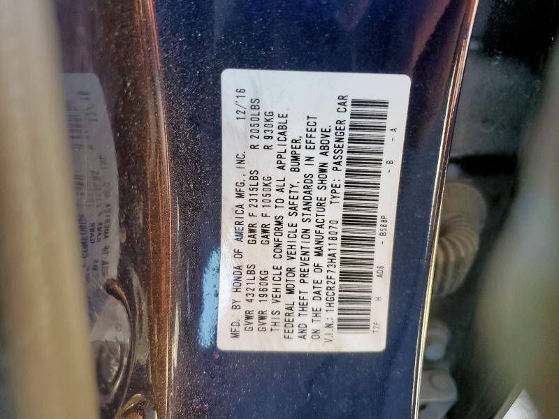 1HGCR2F73HA118070 - 2017 HONDA ACCORD EX 蓝色 照片 12