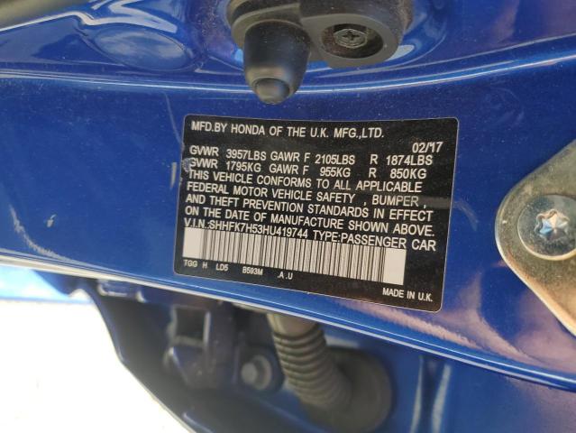 SHHFK7H53HU419744 - 2017 HONDA CIVIC EX Синій фото 12