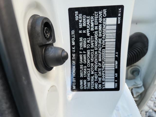 SHHFK7H62KU200533 - 2019 HONDA CIVIC EX თეთრი ფოტო 13