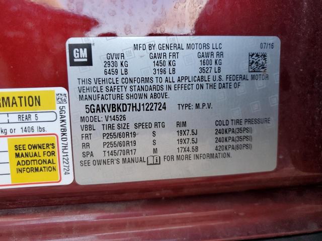 5GAKVBKD7HJ122724 - 2017 BUICK ENCLAVE 栗色 照片 13