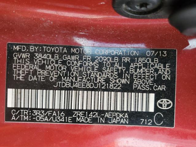 JTDBU4EE8DJ121822 - 2013 TOYOTA COROLLA BASE 红色 照片 12