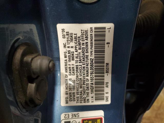 1HGFA16576L056042 - 2006 HONDA CIVIC LX BLUE photo 13
