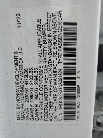 1HGCV2F31NA021924 - 2022 HONDA ACCORD SPORT Ақ фото 13