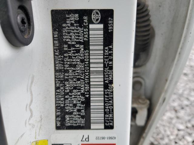 4T1BF1FK4CU140065 - 2012 TOYOTA CAMRY BASE 白色 照片 12