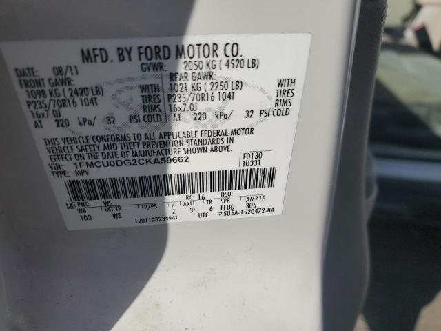 1FMCU0DG2CKA59662 - 2012 FORD ESCAPE XLT WHITE photo 12