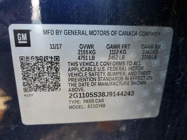 2G1105S38J9144243 - 2018 CHEVROLET IMPALA LT Azul foto 12