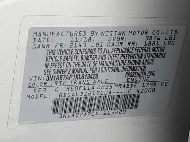 3N1AB7AP1KL613420 - 2019 NISSAN SENTRA S SILVER photo 12