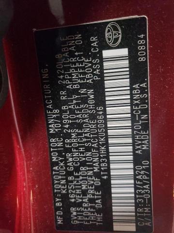 4T1B31HK1KU509646 - 2019 TOYOTA CAMRY LE BURGUNDY photo 12