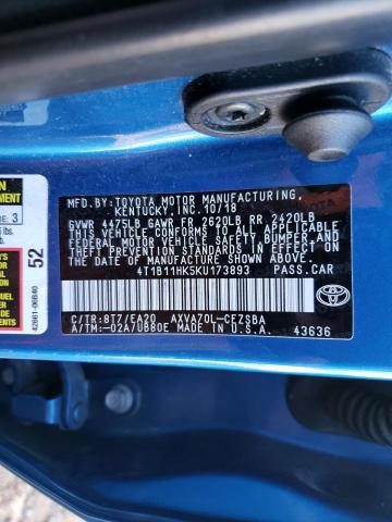 4T1B11HK5KU173893 - 2019 TOYOTA CAMRY L Көк фото 12
