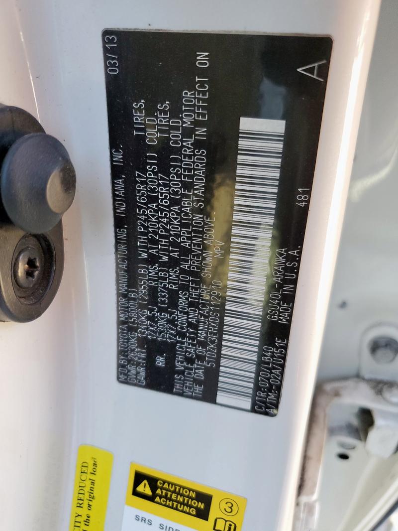 5TDZK3EHXDS112910 - 2013 TOYOTA HIGHLANDER BASE WHITE photo 14