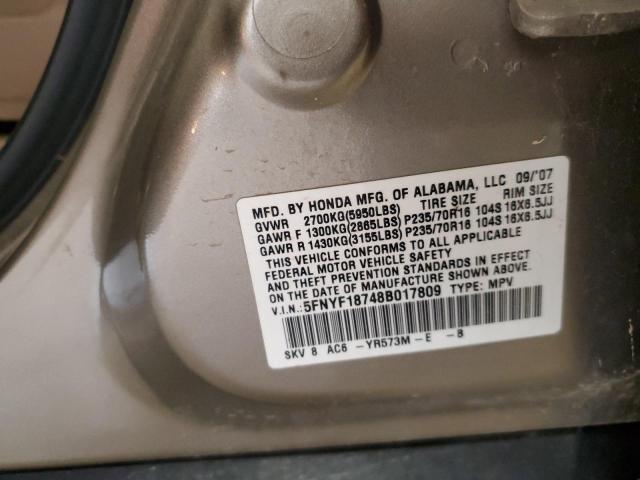 5FNYF18748B017809 - 2008 HONDA PILOT EXL ოქროსფერი ფოტო 13