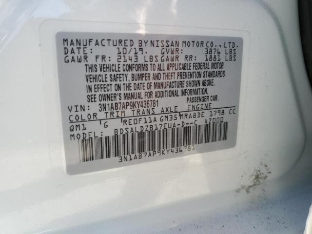 3N1AB7AP9KY436781 - 2019 NISSAN SENTRA S WHITE photo 12