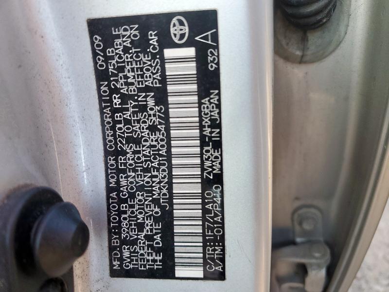 JTDKN3DU1A0054773 - 2010 TOYOTA PRIUS ვერცხლისფერი ფოტო 12