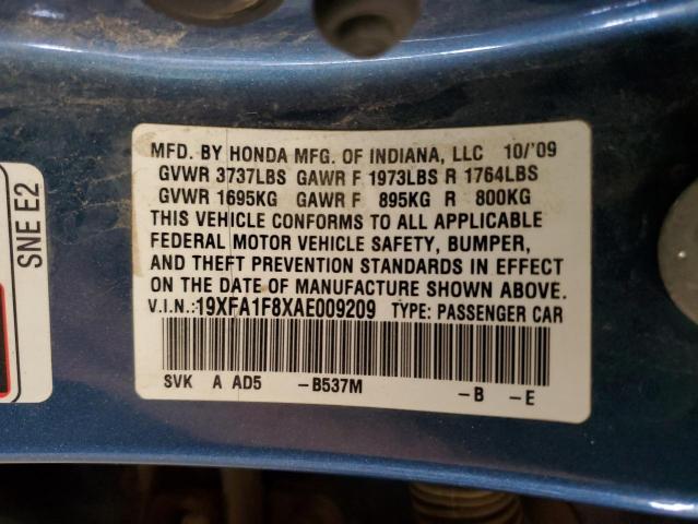 19XFA1F8XAE009209 - 2010 HONDA CIVIC EX BLUE photo 12