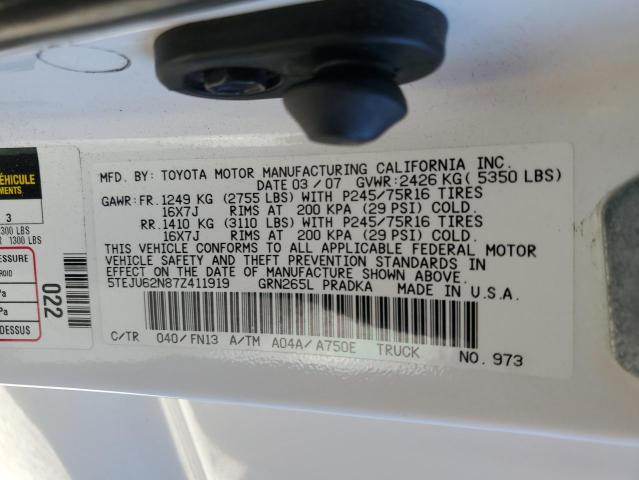 5TEJU62N87Z411919 - 2007 TOYOTA TACOMA DOUBLE CAB PRERUNNER WHITE photo 12