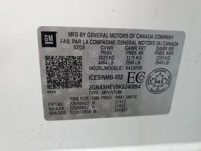 2GNAXHEV9K6240894 - 2019 CHEVROLET EQUINOX LS WHITE photo 12