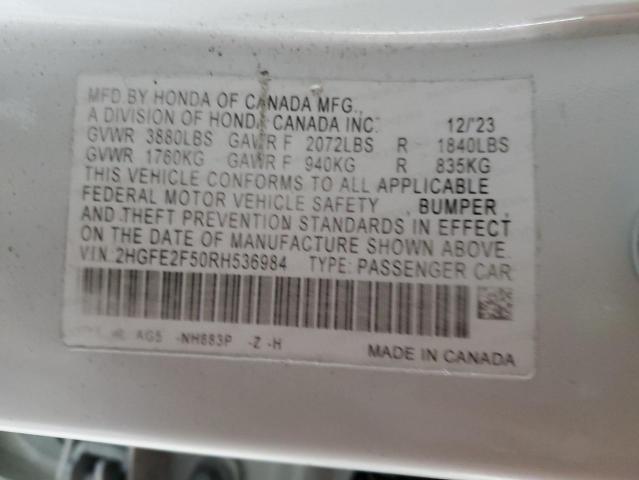 2HGFE2F50RH536984 - 2024 HONDA CIVIC SPORT WHITE photo 12