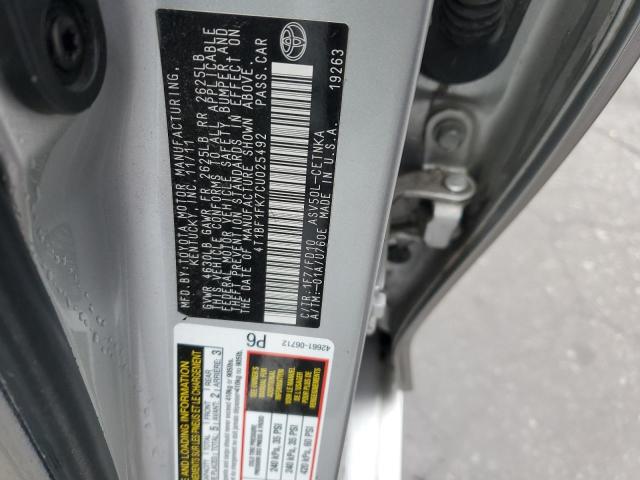 4T1BF1FK7CU025492 - 2012 TOYOTA CAMRY BASE SILVER photo 12