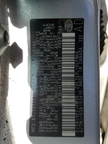 2T1BU4EEXCC889389 - 2012 TOYOTA COROLLA BASE 银色 照片 12