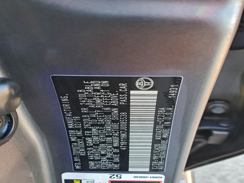 4T1B11HK7JU085538 - 2018 TOYOTA CAMRY L CHARCOAL photo 12