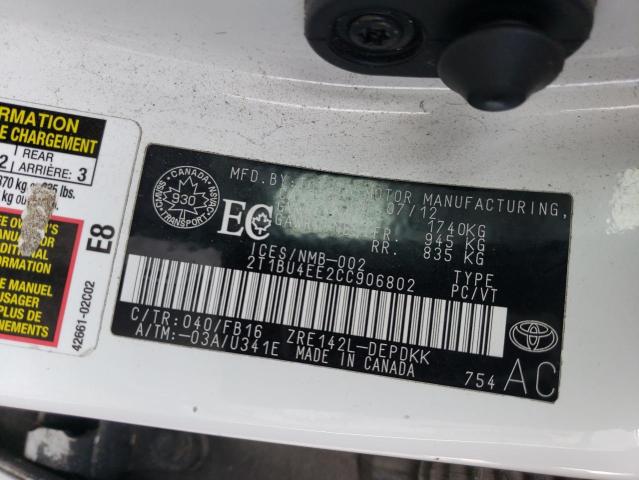 2T1BU4EE2CC906802 - 2012 TOYOTA COROLLA BASE 白色 照片 12
