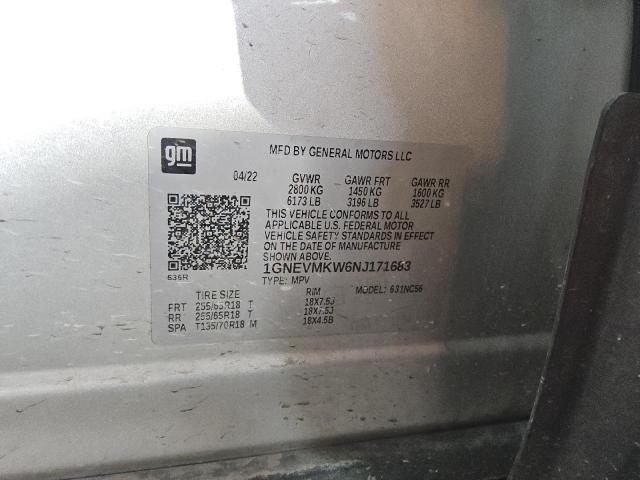 1GNEVMKW6NJ171683 - 2022 CHEVROLET TRAVERSE LT 银色 照片 13