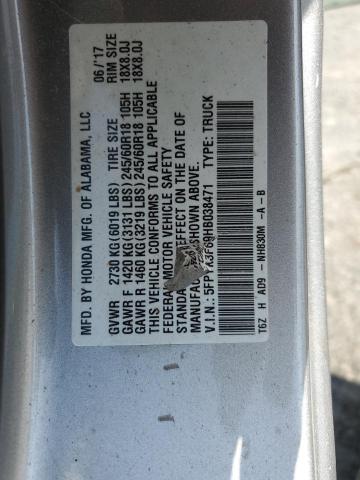 5FPYK3F69HB038471 - 2017 HONDA RIDGELINE RTL 银色 照片 13