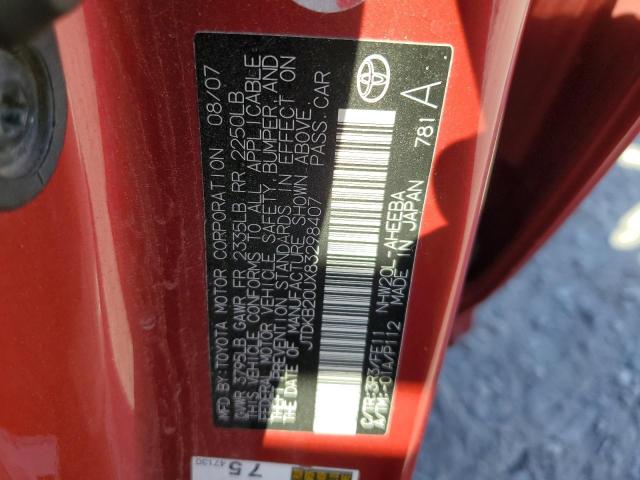 JTDKB20UX83298407 - 2008 TOYOTA PRIUS RED photo 12