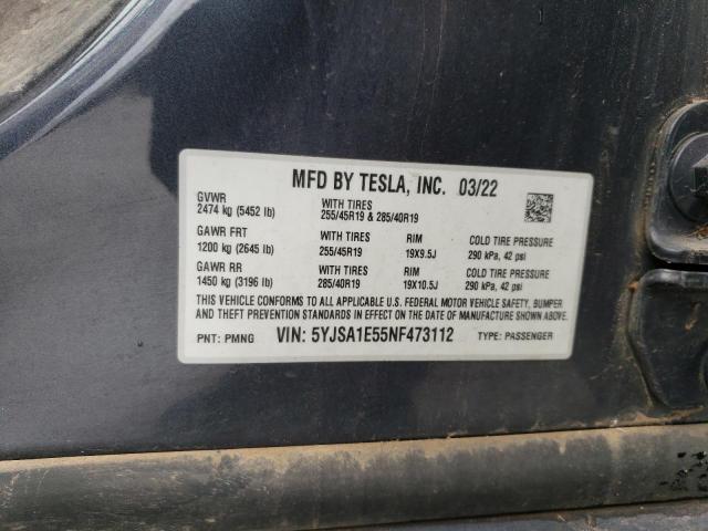 5YJSA1E55NF473112 - 2022 TESLA MODEL S Մոխրագույն լուսանկար 12