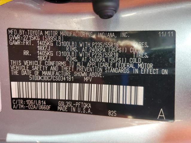 5TDDK3DC7CS034181 - 2012 TOYOTA SIENNA XLE SILVER photo 13