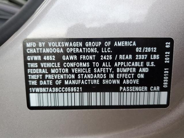 1VWBN7A38CC059521 - 2012 VOLKSWAGEN PASSAT SE ვერცხლისფერი ფოტო 12