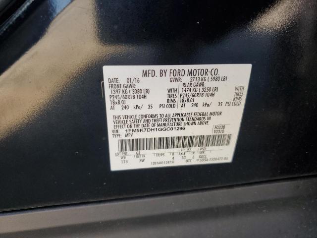 1FM5K7DH1GGC01296 - 2016 FORD EXPLORER XLT BLACK photo 12