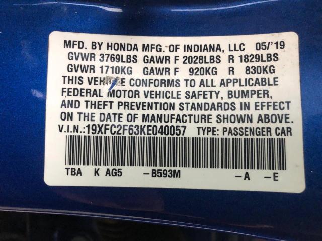 19XFC2F63KE040057 - 2019 HONDA CIVIC LX Көк фото 10