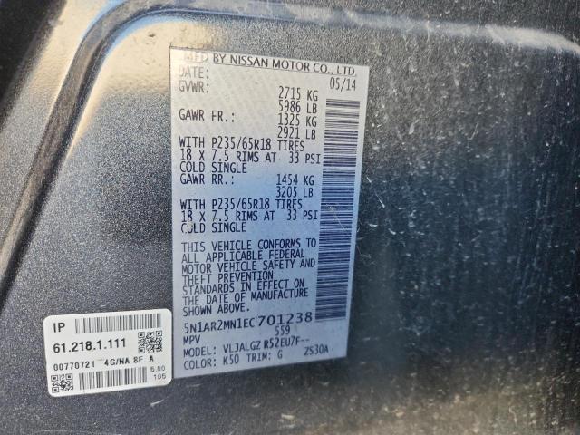 5N1AR2MN1EC701238 - 2014 NISSAN PATHFINDER S GRAY photo 13