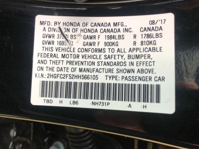 2HGFC2F52HH566105 - 2017 HONDA CIVIC LX BLACK photo 10