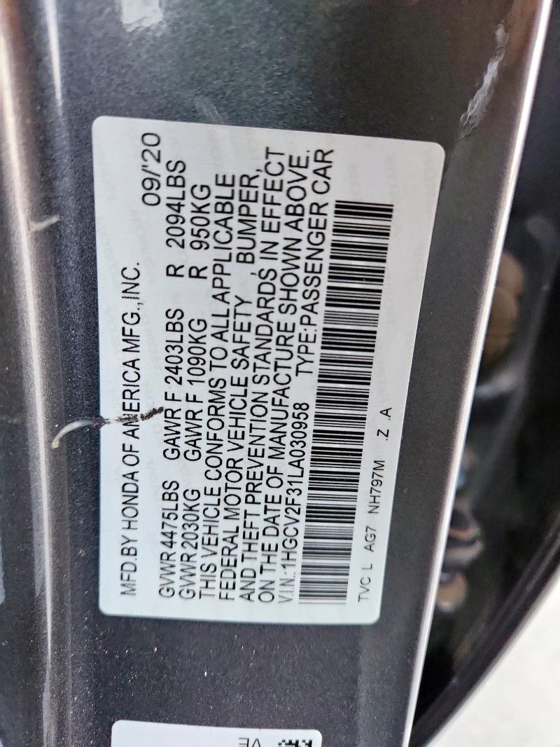 1HGCV2F31LA030958 - 2020 HONDA ACCORD SPORT GRAY photo 12
