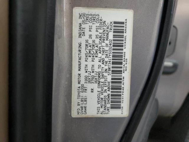 5TBRT3417YS102402 - 2000 TOYOTA TUNDRA ACCESS CAB Argent photo 12