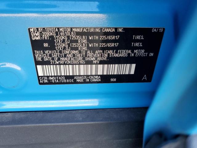 2T3W1RFV2KC005165 - 2019 TOYOTA RAV4 XLE BLUE photo 13