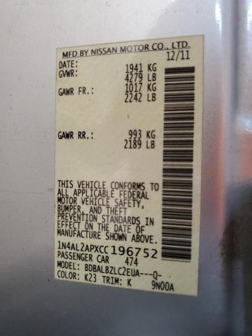 1N4AL2APXCC196752 - 2012 NISSAN ALTIMA BASE ვერცხლისფერი ფოტო 12