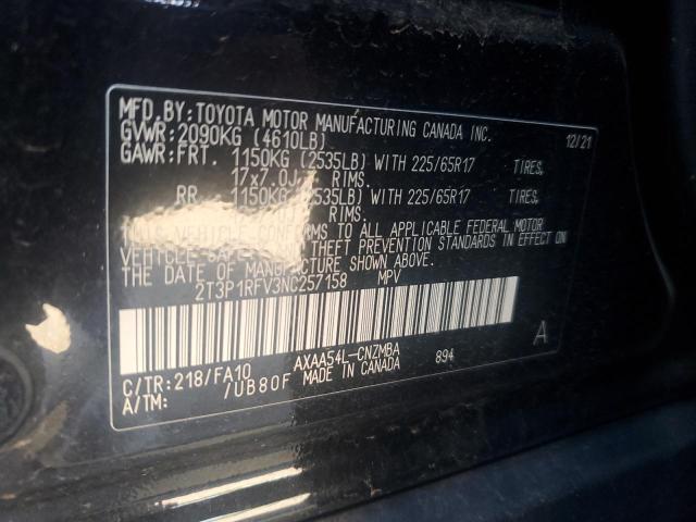 2T3P1RFV3NC257158 - 2022 TOYOTA RAV4 XLE BLACK photo 12