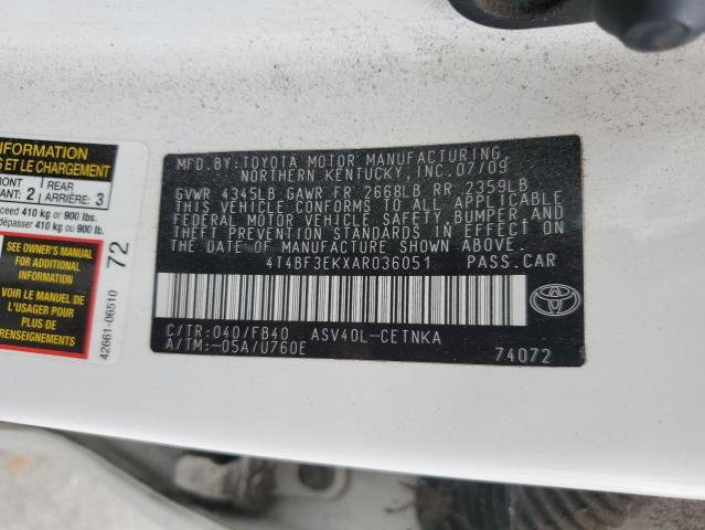 4T4BF3EKXAR036051 - 2010 TOYOTA CAMRY BASE WHITE photo 12