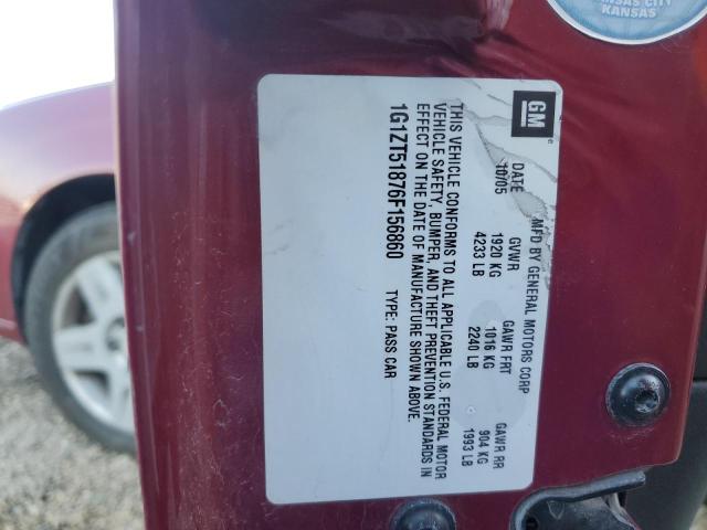 1G1ZT51876F156860 - 2006 CHEVROLET MALIBU LT BURGUNDY photo 12