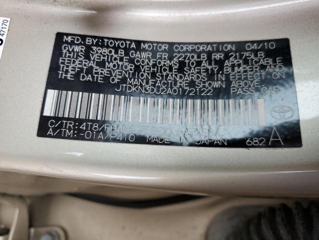 JTDKN3DU2A0172122 - 2010 TOYOTA PRIUS ოქროსფერი ფოტო 12